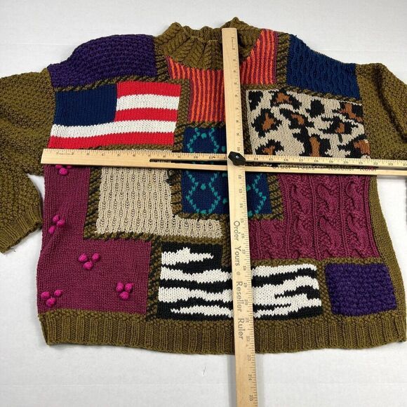 Outlander Patchwork Mock Neck Sweater Cable Knit Kitsch Vintage Size MEDIUM FLAW - Picture 5 of 10